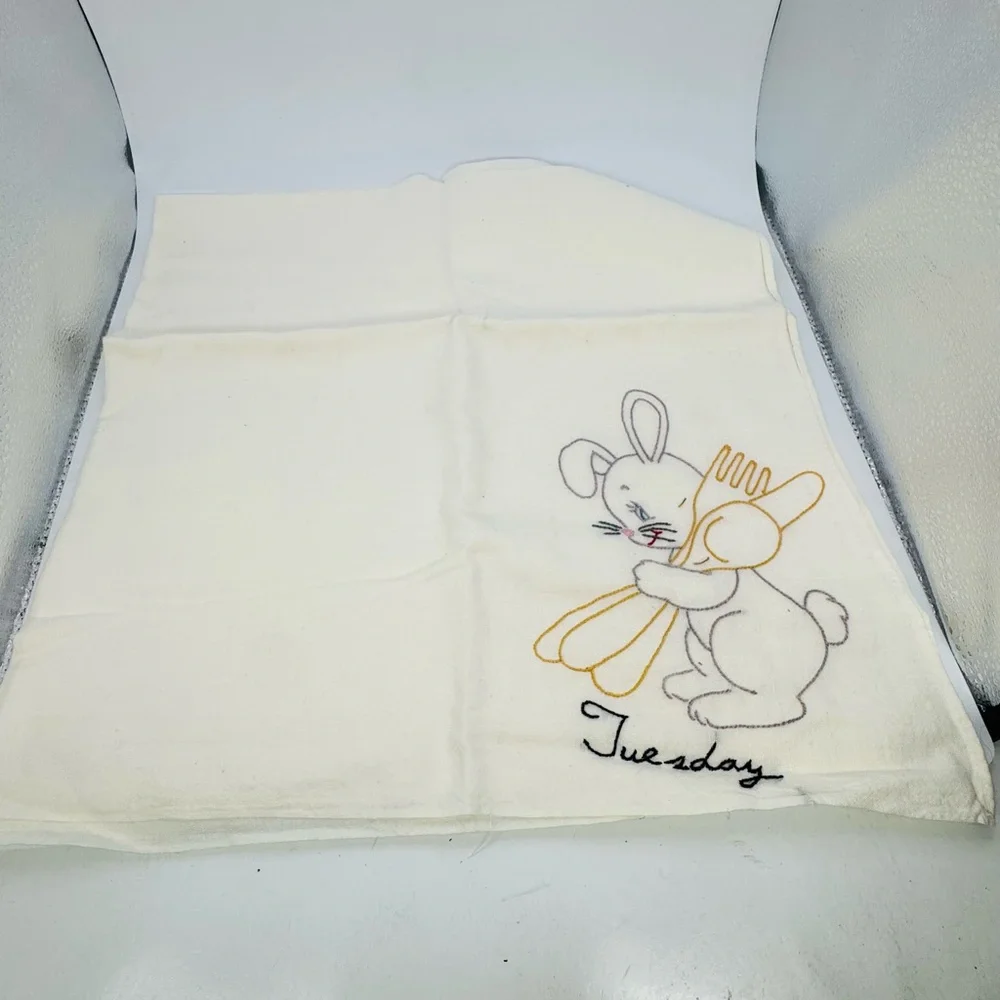 VTG Hand Embroidered Tea Towel Bunny Rabbit Tuesday